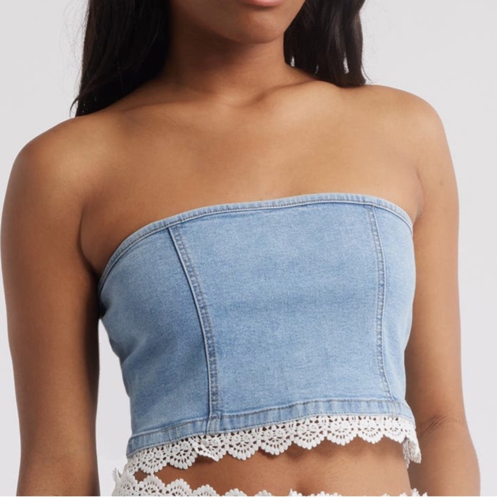 PTCL Denim Strapless Top with Lace Trim